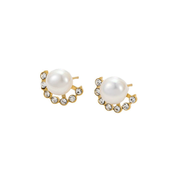 Women's Fanshaped Zircon Pearl Titanium Steel Stainless Steel Electroplated Earrings Simple And Highend Fashionable And Versatile