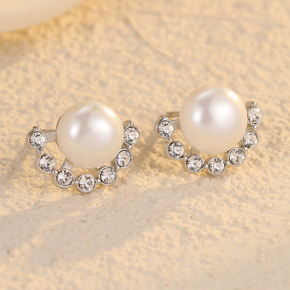 Women's Fanshaped Zircon Pearl Titanium Steel Stainless Steel Electroplated Earrings Simple And Highend Fashionable And Versatile