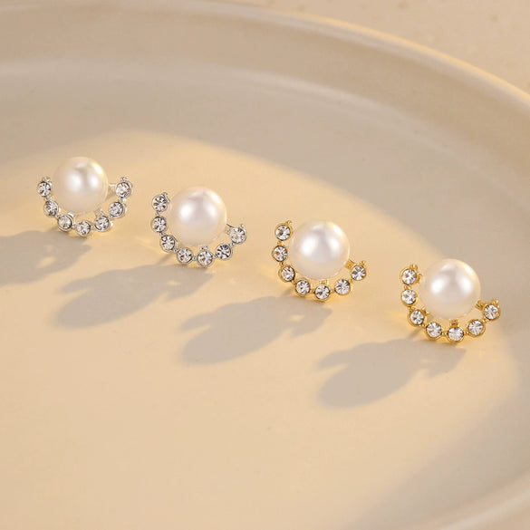 Women's Fanshaped Zircon Pearl Titanium Steel Stainless Steel Electroplated Earrings Simple And Highend Fashionable And Versatile