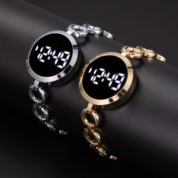 Women's Fashion Alloy Band Round Dial Electronic Pointer Touch Screen Chain Watch With Printed Logo