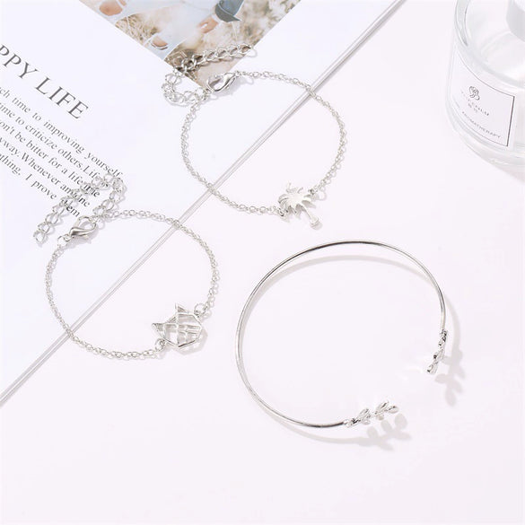 Women's Fashion Alloy Bracelet Set Hollow Cat Coconut Tree And Leaf Charm Bracelets Electroplated Hand Jewelry