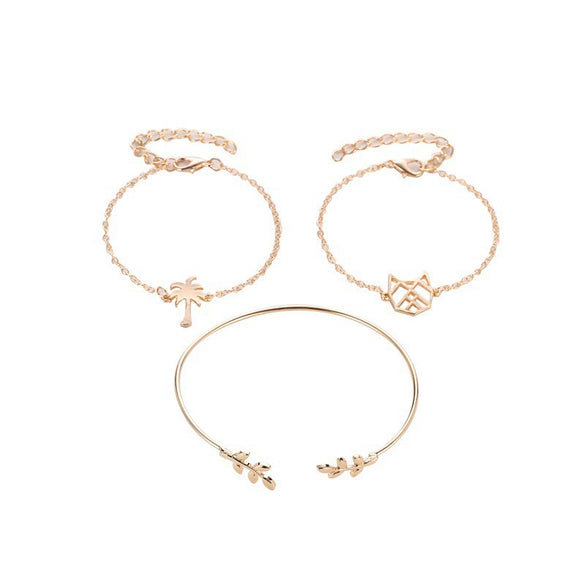Women's Fashion Alloy Bracelet Set Hollow Cat Coconut Tree And Leaf Charm Bracelets Electroplated Hand Jewelry