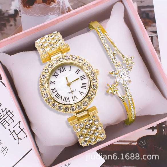 Women's Fashion Alloy Bracelet Wristwatch Set With Round Dial And Horseshoe Buckle