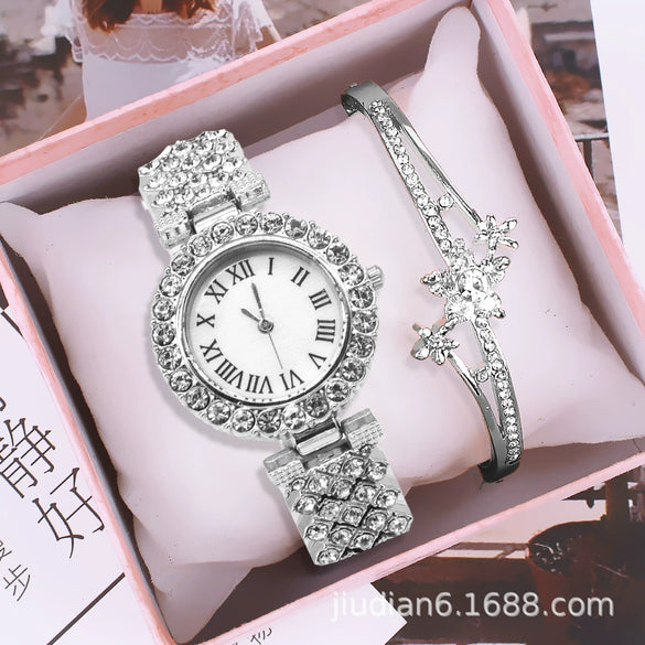 Women's Fashion Alloy Bracelet Wristwatch Set With Round Dial And Horseshoe Buckle
