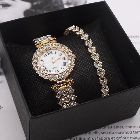 Women's Fashion Alloy Bracelet Wristwatch Set With Round Dial And Horseshoe Buckle