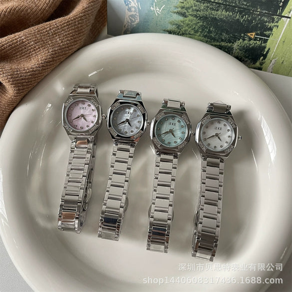 Women's Fashion Alloy Case Quartz Watch With Diamondencrusted Polygon Design And Steel Band