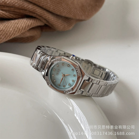 Women's Fashion Alloy Case Quartz Watch With Diamondencrusted Polygon Design And Steel Band