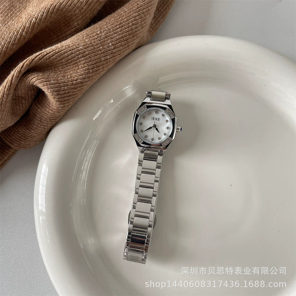 Women's Fashion Alloy Case Quartz Watch With Diamondencrusted Polygon Design And Steel Band