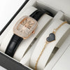 Women's Fashion Alloy Case Rectangular Quartz Belt Watch Set With Imitation Leather Strap And Stainless Steel Buckle