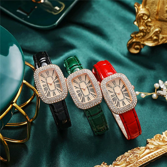 Women's Fashion Alloy Case Rectangular Quartz Belt Watch Set With Imitation Leather Strap And Stainless Steel Buckle