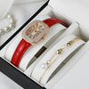 Women's Fashion Alloy Case Rectangular Quartz Belt Watch Set With Imitation Leather Strap And Stainless Steel Buckle