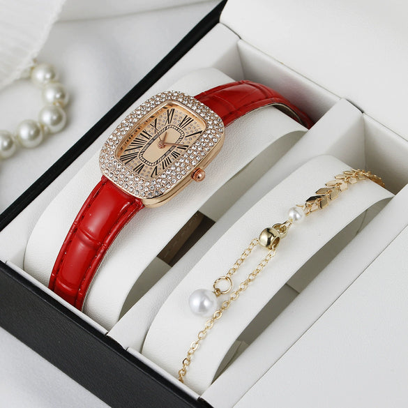 Women's Fashion Alloy Case Rectangular Quartz Belt Watch Set With Imitation Leather Strap And Stainless Steel Buckle