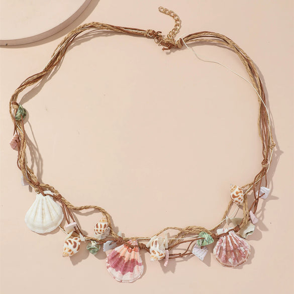 Women's Fashion Alloy Flower Necklace Handmade Shell Collarbone Chain With Electroplated Horse Whip Chain
