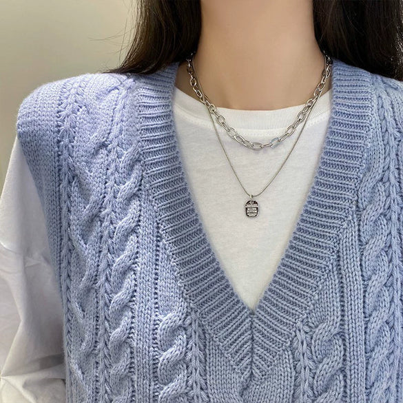 Women's Fashion Alloy Geometric Double Layer Sweater Chain Necklace With Electroplated Light Luxury Design