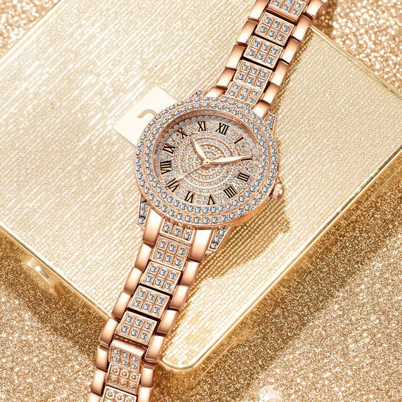 Women's Fashion Alloy Metal Roman Pattern Diamondencrusted Watch Bracelet With Copper Clasp And Round Dial
