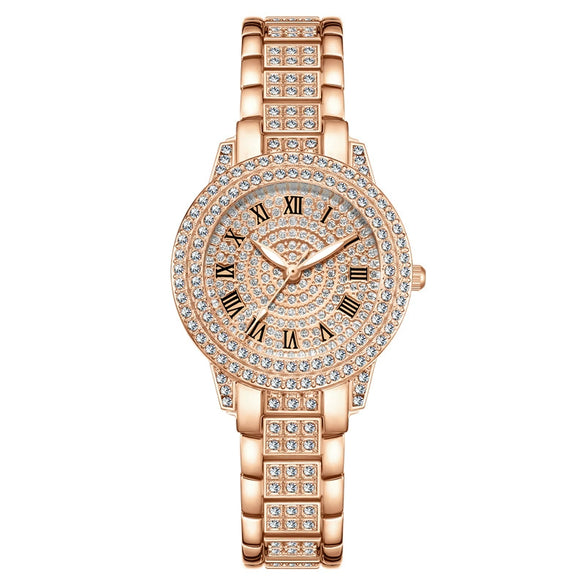 Women's Fashion Alloy Metal Roman Pattern Diamondencrusted Watch Bracelet With Copper Clasp And Round Dial