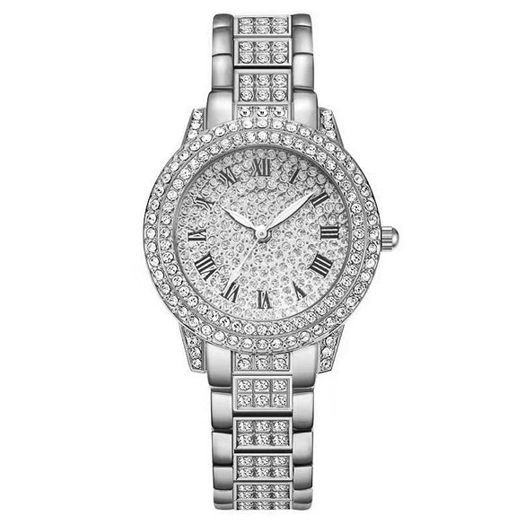 Women's Fashion Alloy Metal Roman Pattern Diamondencrusted Watch Bracelet With Copper Clasp And Round Dial