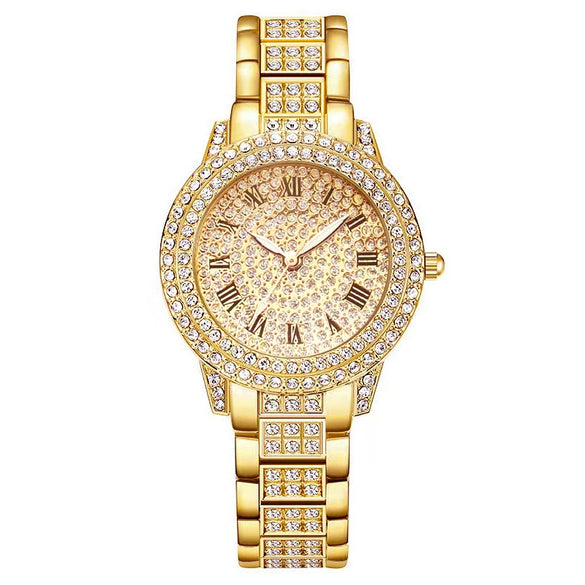 Women's Fashion Alloy Metal Roman Pattern Diamondencrusted Watch Bracelet With Copper Clasp And Round Dial