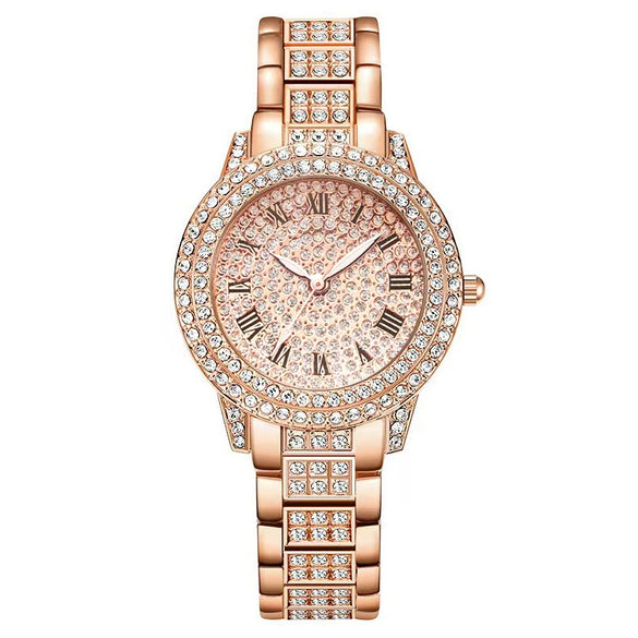 Women's Fashion Alloy Metal Roman Pattern Diamondencrusted Watch Bracelet With Copper Clasp And Round Dial