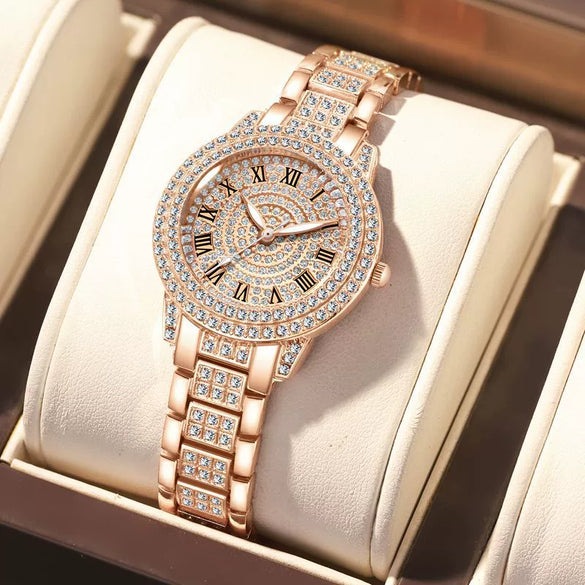 Women's Fashion Alloy Metal Roman Pattern Diamondencrusted Watch Bracelet With Copper Clasp And Round Dial