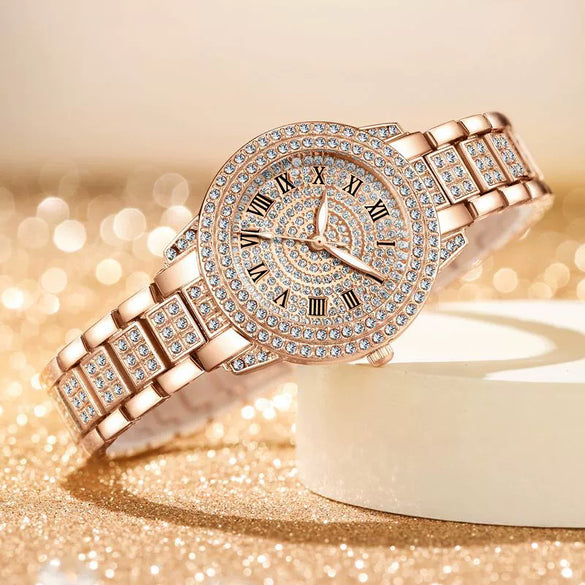 Women's Fashion Alloy Metal Roman Pattern Diamondencrusted Watch Bracelet With Copper Clasp And Round Dial