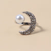 Women's Fashion Alloy Moon Pearl Joint Ring With Diamond Set Detail Retro Simple Exaggerated Statement Ring