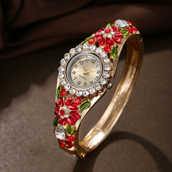 Women's Fashion Alloy Quartz Watch With Diamonddecorated Carved Flower And Round Dial