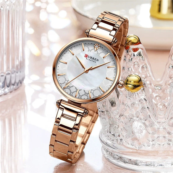 Women's Fashion Alloy Shell Round Dial Quartz Casual Waterproof Watch With Rhinestones