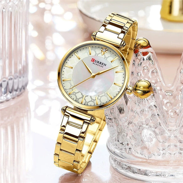 Women's Fashion Alloy Shell Round Dial Quartz Casual Waterproof Watch With Rhinestones