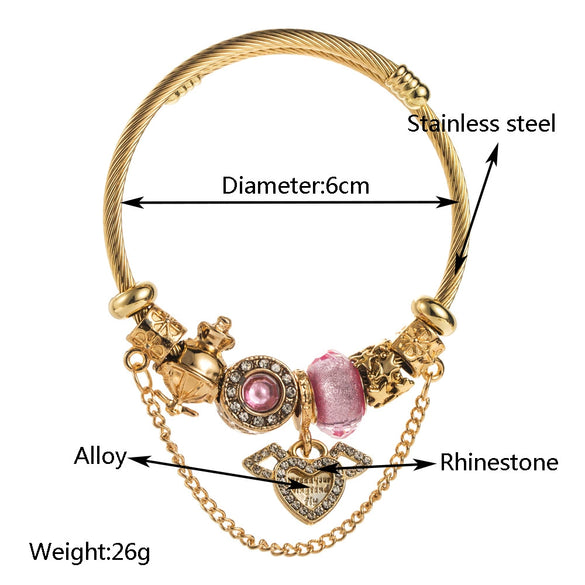 Women's Fashion Beaded Love Heart Diamond Titanium Steel Bracelet