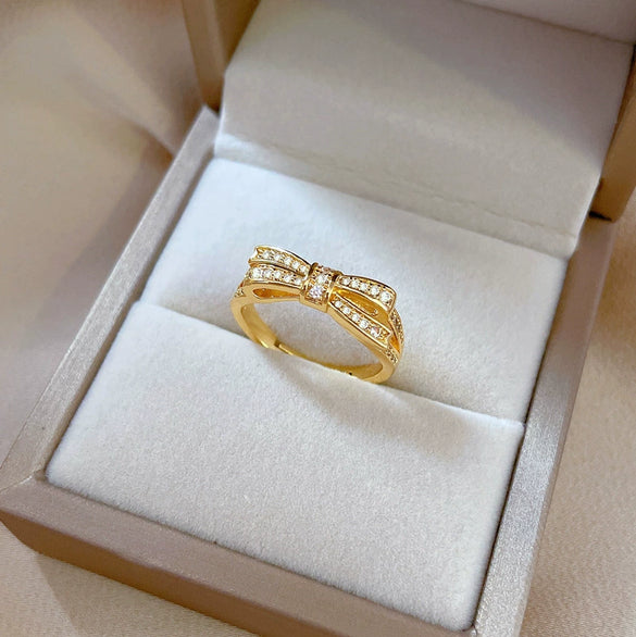 Women's Fashion Bow Luxury Ring Brass Real Gold Plated Crown Design