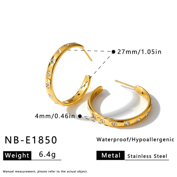 Women's Fashion C Shaped Stainless Steel Earrings With Rhinestones Geometric Wide Design 18K Vacuum Plated