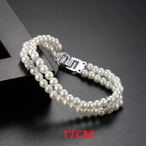 Women's Fashion Copper Bracelet With Imitation Pearls And Crystal Zircon Geometric Design Electroplated Hand Jewelry