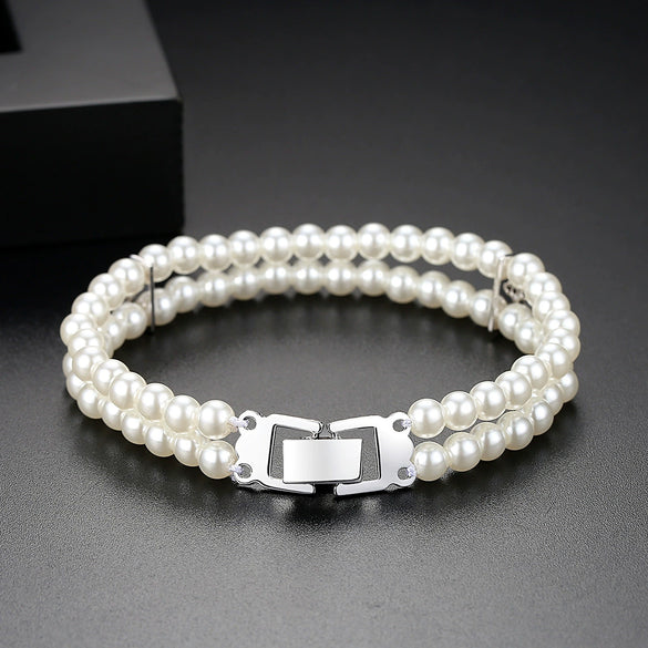 Women's Fashion Copper Bracelet With Imitation Pearls And Crystal Zircon Geometric Design Electroplated Hand Jewelry