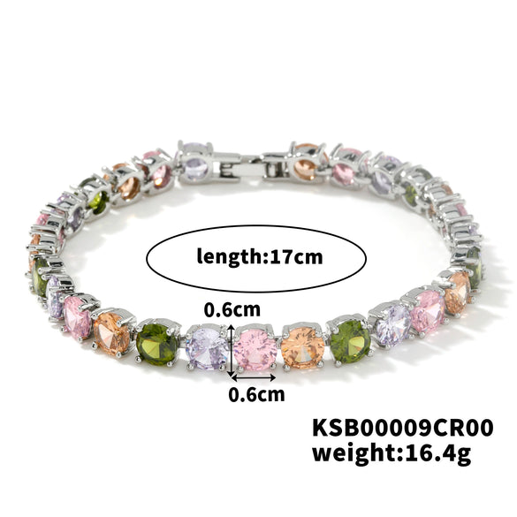 Women's Fashion Copper Bracelet With Single Row Round Crystal And Colorful Zircon Geometric Candy Color Design