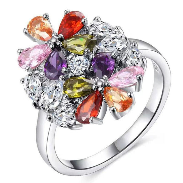 Women's Fashion Copper Flower Ring With Colorful Crystal And Zircon Inlay Light Luxury Floral Statement Jewelry