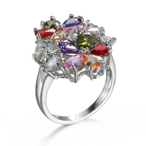 Women's Fashion Copper Flower Ring With Colorful Crystal And Zircon Inlay Light Luxury Floral Statement Jewelry