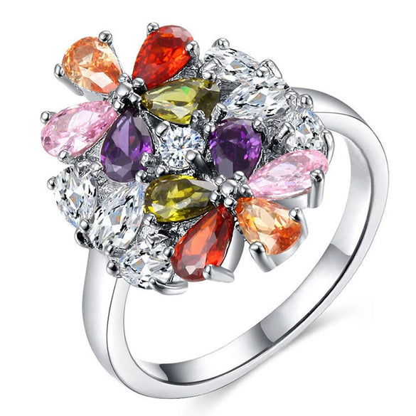 Women's Fashion Copper Flower Ring With Colorful Crystal And Zircon Inlay Light Luxury Floral Statement Jewelry