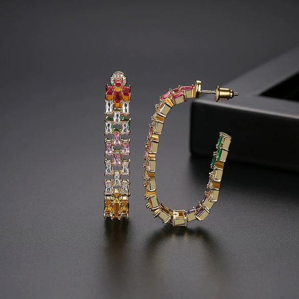 Women's Fashion Copper Geometric Hollow Earrings With Zircon Inlay Electroplated Banquet Style Statement Earrings
