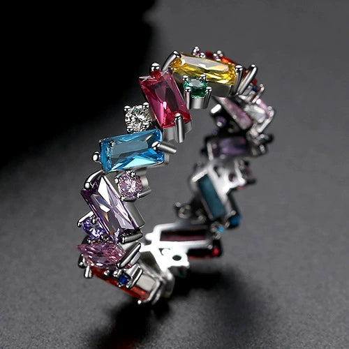 Women's Fashion Copper Geometric Zircon Ring With Row Set Colored Rainbow Stones
