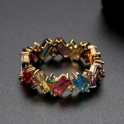 Women's Fashion Copper Geometric Zircon Ring With Row Set Colored Rainbow Stones