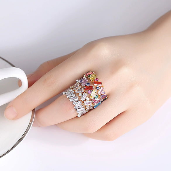 Women's Fashion Copper Geometric Zircon Ring With Row Set Colored Rainbow Stones