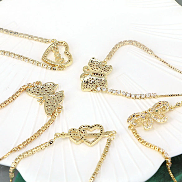Women's Fashion Copper Gold Plated Heart Butterfly Zircon Bracelet Electroplated Love Heart Charm Jewelry