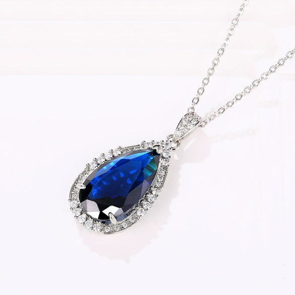 Women's Fashion Copper Mixed Gem Inlay Zircon Dropshaped Natural Geometric Pendant Necklace With Ochain