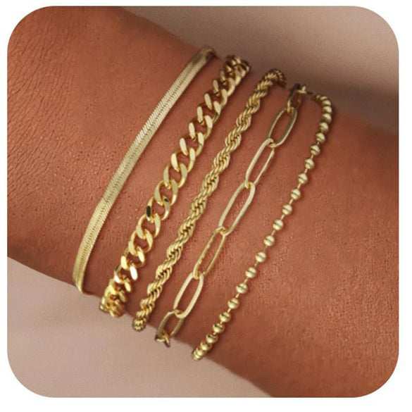 Women's Fashion Copper Multi Layer Paper Clip Cuban Link And Snake Chain Bracelet With Geometric Style Electroplated Finish