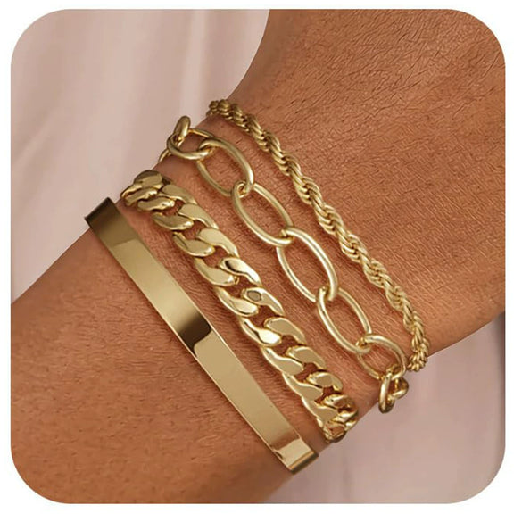 Women's Fashion Copper Multi Layer Paper Clip Cuban Link And Snake Chain Bracelet With Geometric Style Electroplated Finish