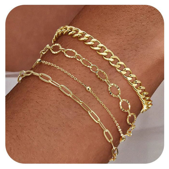 Women's Fashion Copper Multi Layer Paper Clip Cuban Link And Snake Chain Bracelet With Geometric Style Electroplated Finish