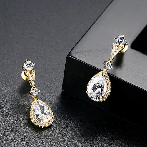 Women's Fashion Copper Water Drop Earrings With Electroplated Zircon Inlay Simple Elegant Ear Jewelry