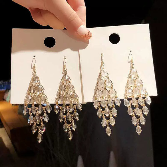 Women's Fashion Metal Electroplated Diamond Geometric Long Tassel Earrings with S925 Silver Needle