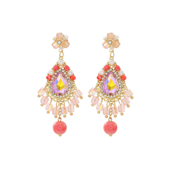 Women's Fashion Crystal Rhinestone Flower Tassel Earrings Set With Diamonds